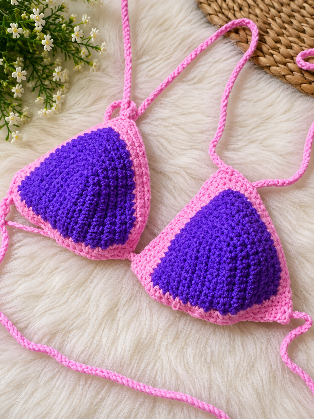 Pink and purple hand-crocheted bikini top