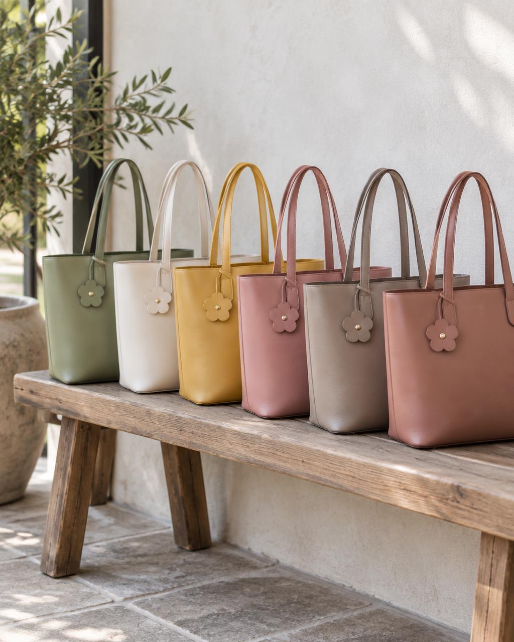 Row of leather tote bags in sage, cream, mustard and rose with flower charms