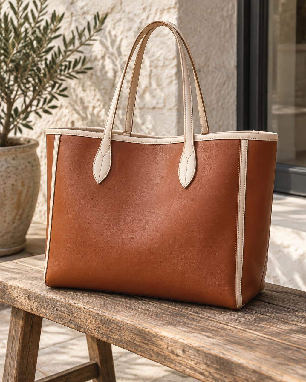 Tan and cream leather tote bag on a wooden bench