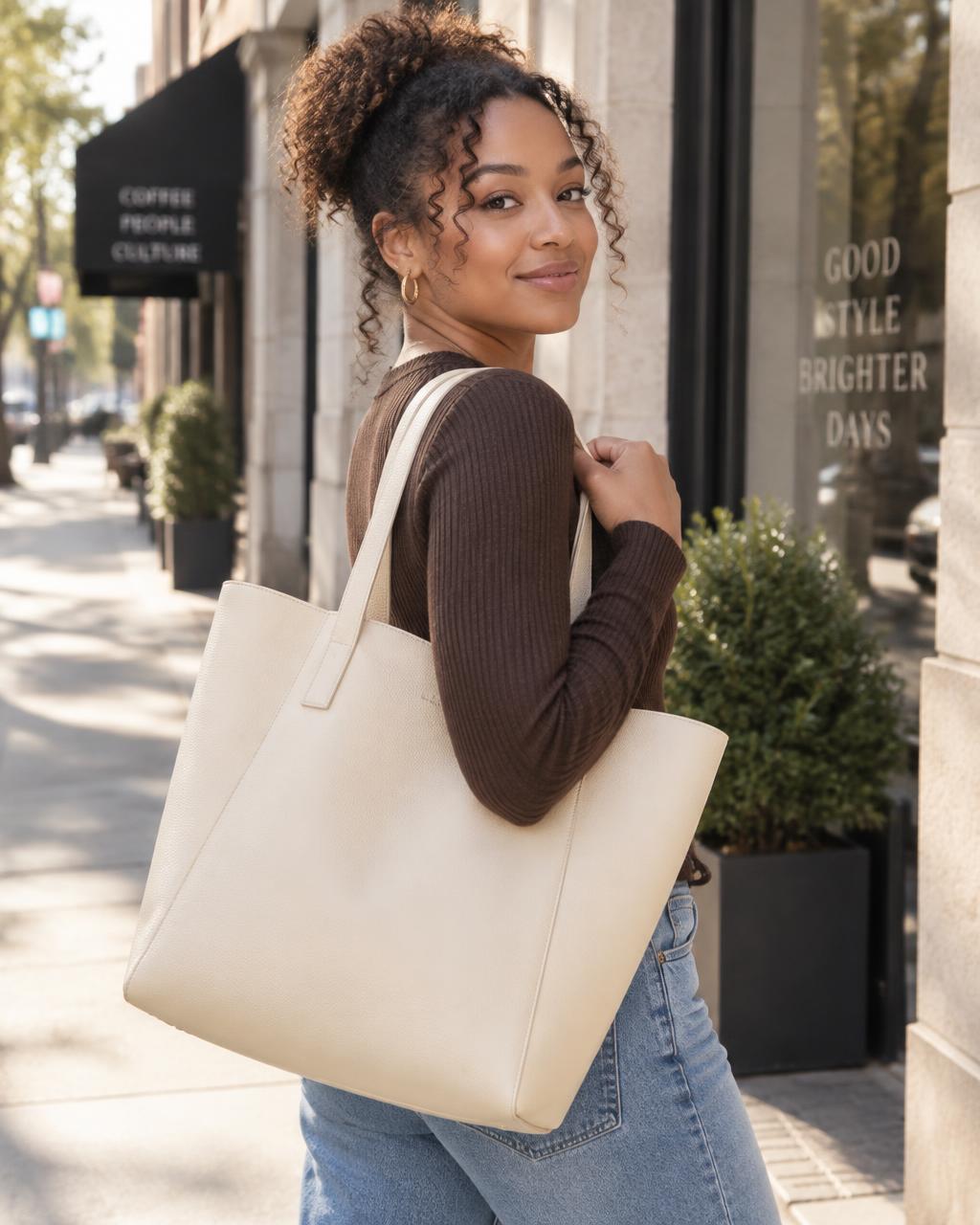 Woman carrying a large cream leather tote bag over her shoulder